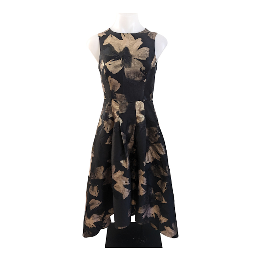 Shoshanna Size 0 Jacquard Coraline High Low Dress Black Gold Floral Sleeveless